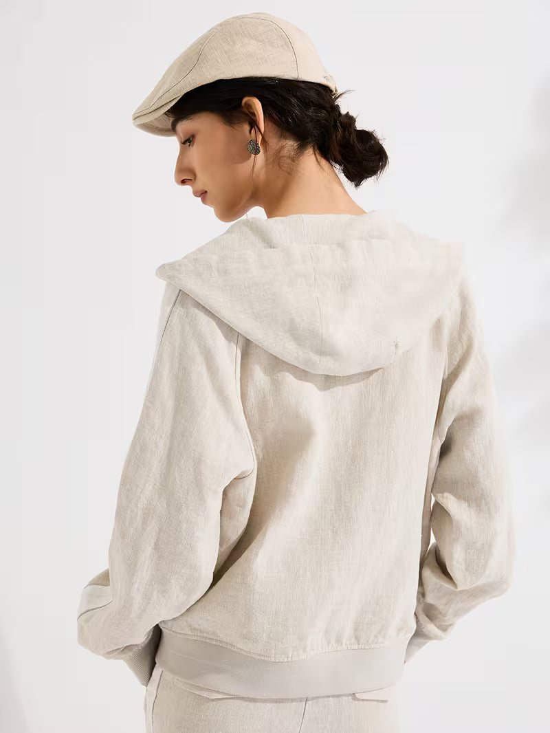 Effortless Linen Hooded Jacket For Women, 100% Linen Shell With 100% Lining, Full-Zip Relaxed Fit, Breathable Natural Fiber Outerwear For Leisure Days