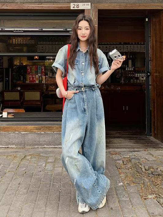 Vintage Style Women'S Denim Jumpsuit Set Loose Casual Wide Leg Long Pants