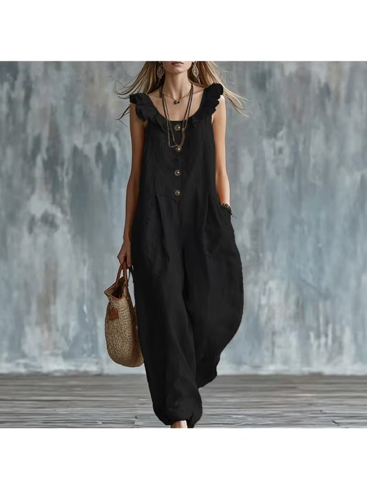 2026 Summer New Arrival Women Ruffled Trim Spaghetti Strap Jumpsuit, Front Half Button Loose Ankle Cuffed Wide Leg Romper with Side Pockets for Beach Vacation Daily Casual Street Outfits