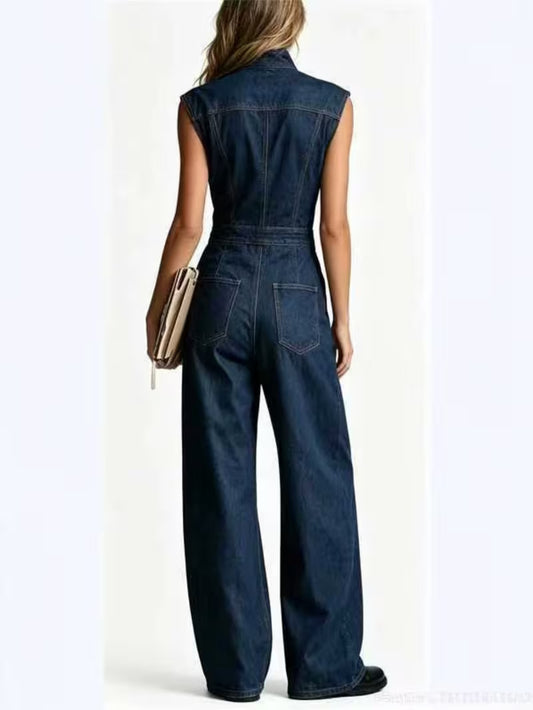 Women's Sleeveless Denim Jumpsuit Button Front Wide Leg Loose Fit Waist Tie Washed Jean One Piece Outfit