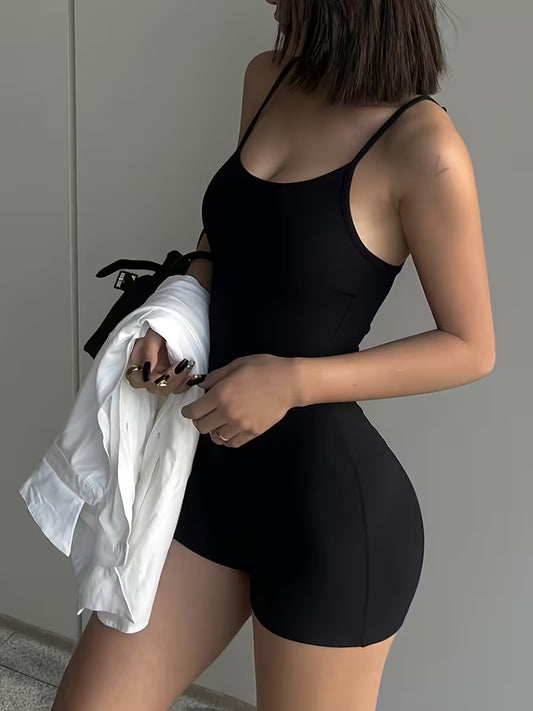 Ladies' Solid Color Sexy Backless Jumpsuit, Summer Style, Black Sleeveless Fitted Y2K Outfit, Tight Stretchy Short Bodysuit