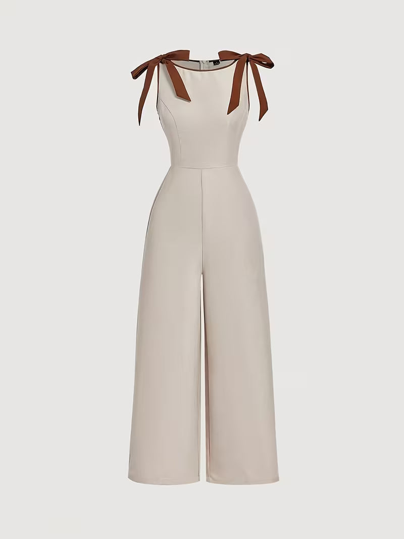 Women's Apricot Sleeveless Color-Block Bow-Decorated Round Neck Jumpsuit