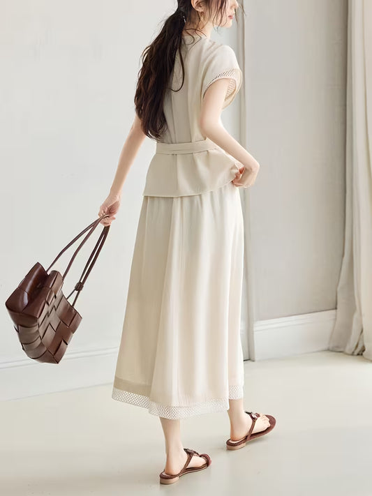 Women's Spring/Summer New Arrival 2pcs Set: Morning Prelude, Elegant Temperament, New Spring/Summer Women's A-Line Skirt with Lace Patchwork, Waist Tie, Elegant Commuting Set