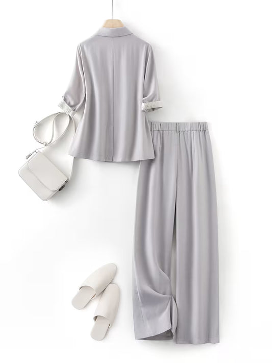 2pcs New Women's Spring/Summer Pants Set, Simple and Lightweight Professional Outfit, Three-Quarter Sleeve Blazer + Dress Pants, New Spring/Summer Women's Workwear for Office Commuting