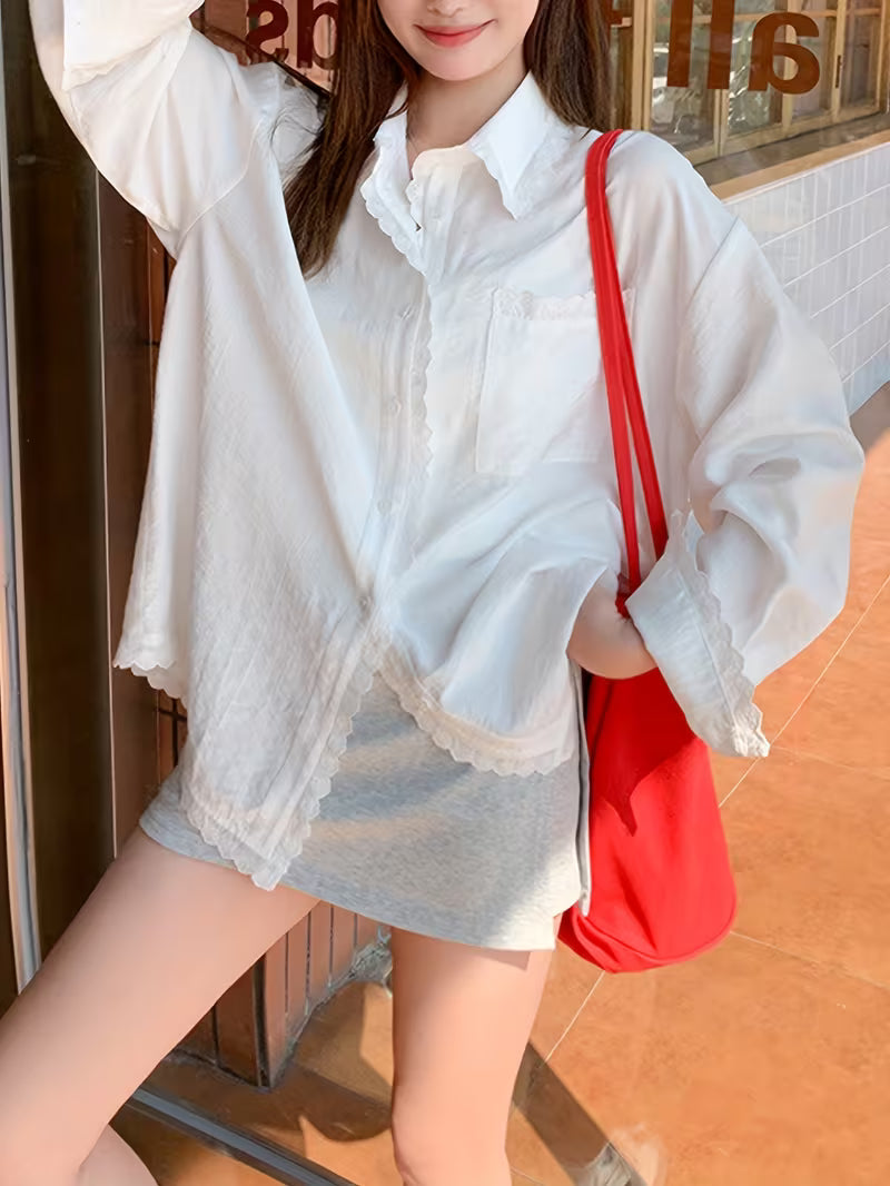 Women's White Lace Long Sleeve Shirt Jacket, Summer New Korean Style Loose Lazy Long Sleeve Top Coat