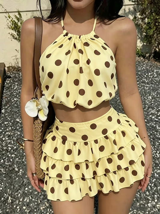 Elegant Direction Women'S Spring Summer New Polka Dot Print Halter Cami Top And Mini Cake Skirt Fashion Set, 2pcs Outfit