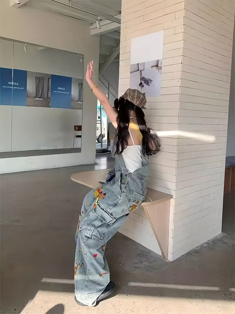 Cartoon Embroidered Washed Denim Overalls for Women New Loose Jumpsuit