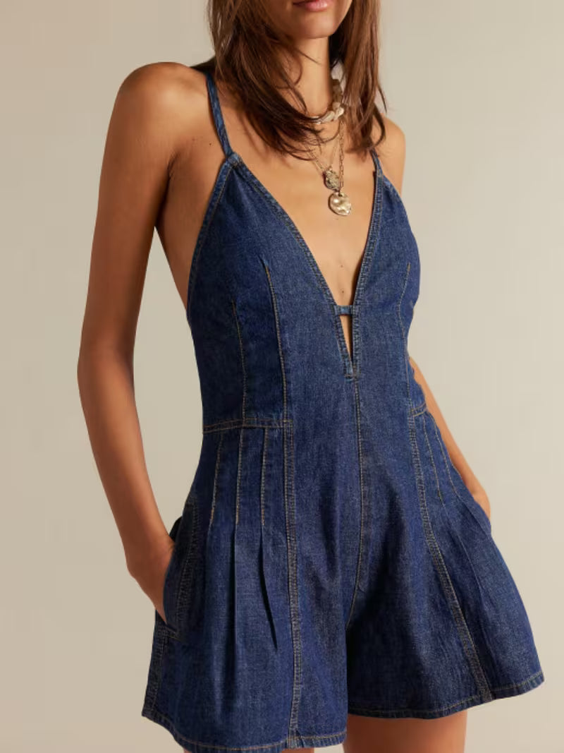 Women's Denim Shorts Jumpsuit - All-Season A-Line Backless Zipper Romper with Tie-Waist