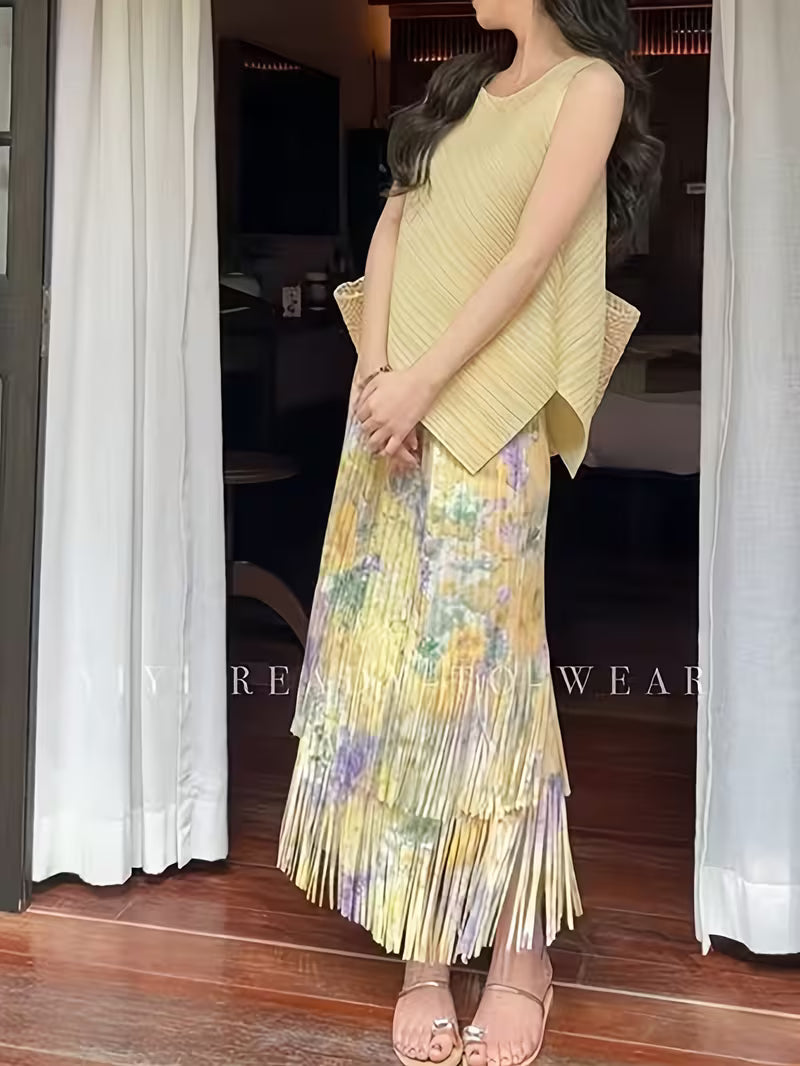 Directional Women'S New Vacation Ruffled Design Romantic Floral High-Waist Tassel Skirt And Sleeveless Irregular Vest Two-Piece Set