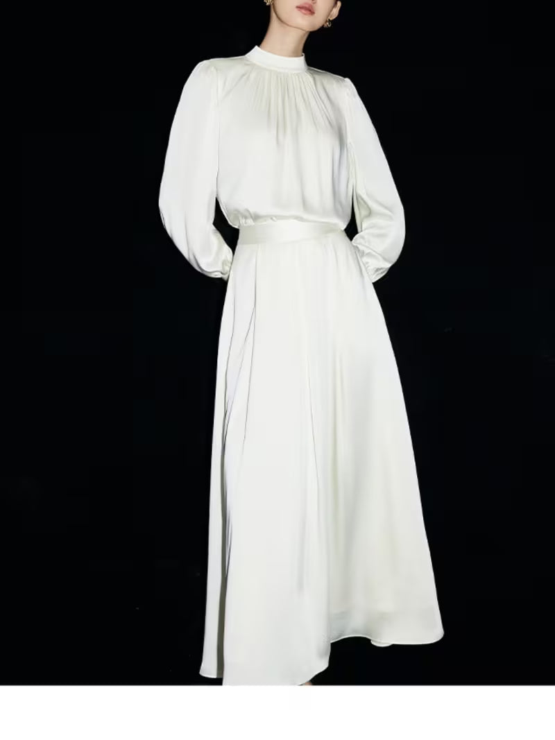 Elegant 2pcs Outfits for Women: Satin Mock Neck Lantern Sleeve Blouse & High Waist Flowy Maxi Skirt Set - Chic Old Money Business Casual Professional Commuter Suit