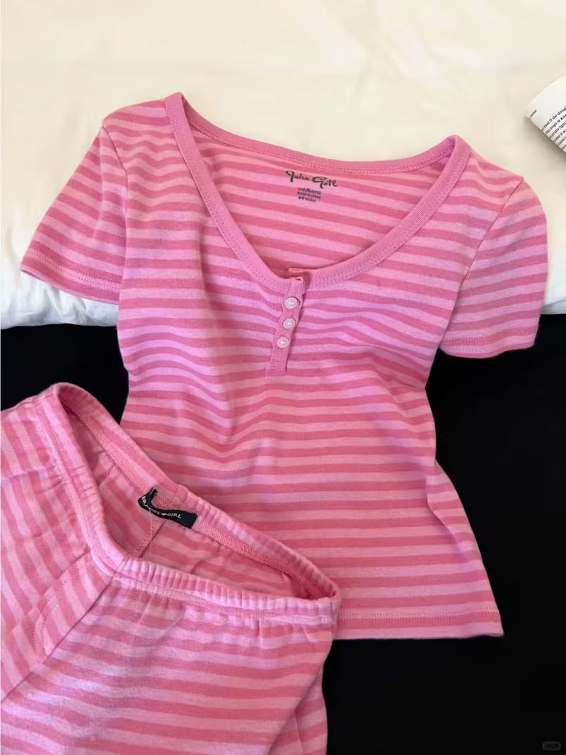 2026 Summer New Sweet Pink Striped Sexy Spicy Short Sleeved Shorts Women's Pajama Set for Home Pure Living Clothes Can Be Worn as a 2pcs Set