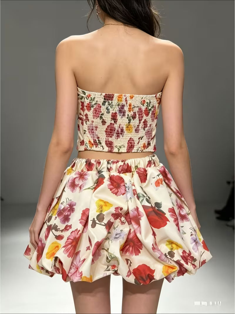 French-Style Boned Bodice Crop Top and Skirt Set for Women, French-Style Sweet & Yandere Style Floral Print Dress Set