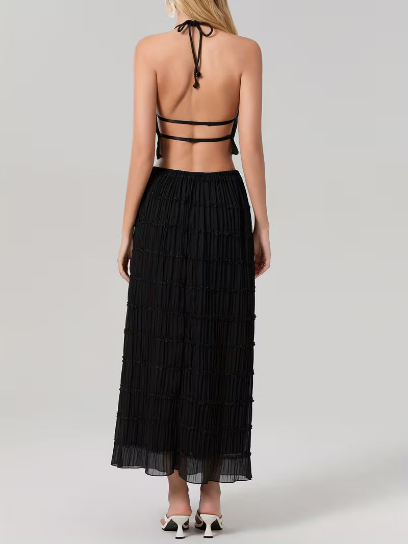 Women'S Two Piece Summer Outfits Sleeveless Ruched Halter Cami Tops and Long Skirt Set Beachwear, Vacation Style, Solid Color, All-Season, Casual Attire|Vacation Outfit|Polyester Fabric