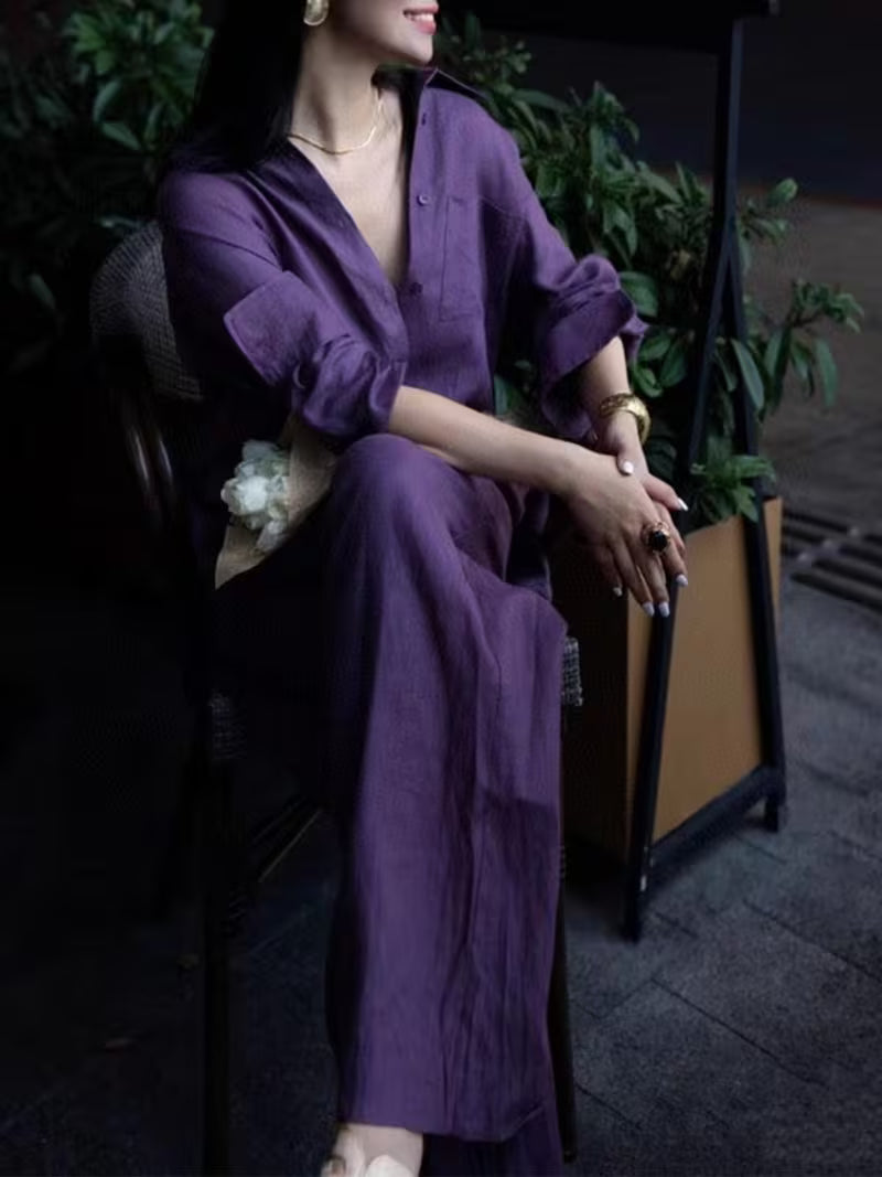 Women's Purple Linen Shirt and Wide Leg Pants Set, Relaxed Casual 2pcs Summer Vacation Outfit
