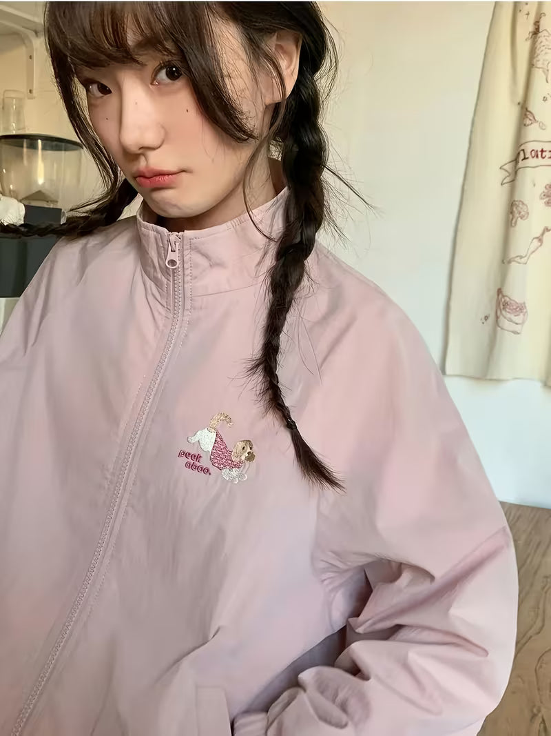 Women'S Jacket, Loose And Lightweight, Featuring a Easy And Cute Style with Dog Embroidery, a Small Stand Collar, Zipper, Pockets, And Elastic Design at The Hem And Cuffs