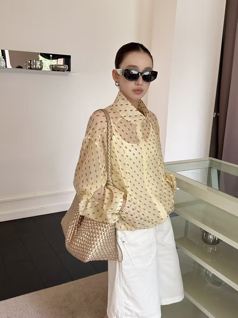 Summer Essential! Light Yellow Floral Print Stand Collar Outerwear, Comfortable and Versatile, Stand Collar Design, Drawstring Hem Design