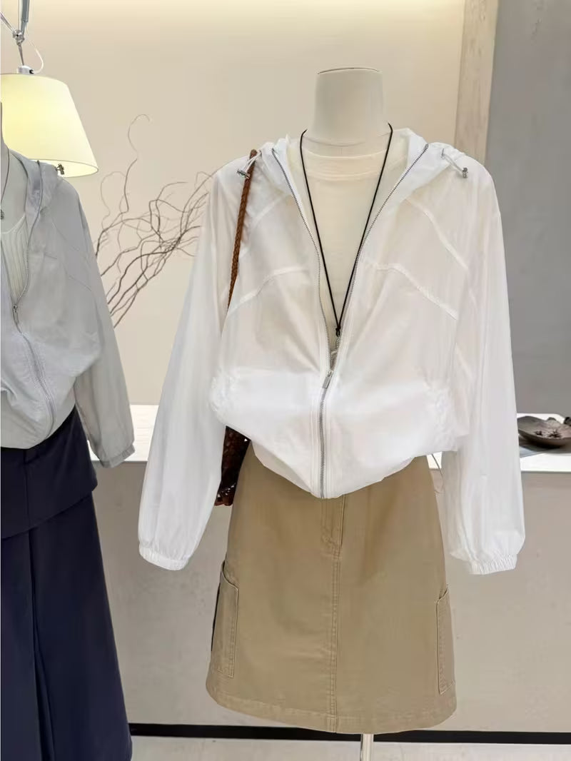 Korean Style Hooded Fashionable Casual Jacket for Summer New Style, Simple and Loose Drawstring Shirt for Women