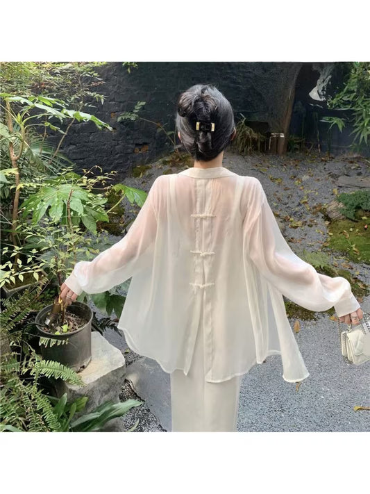 Summer thin shirt with new Chinese style long sleeved chiffon loose cardigan for outerwear