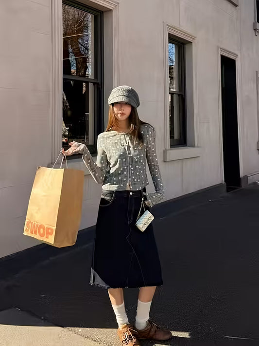 Niche Fashion Designer High-End Gray Polka Dot Round Neck Long Sleeve Cardigan for Women, Autumn New Vintage Style, Spicy Personality, Unique and Exquisite Versatile Short Cardigan Top