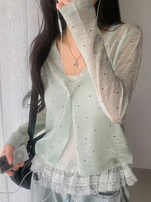 Korean-style Simple and Versatile Polka Dot Cardigan for Women, V-Neck, Ice Fiber Fabric, Sun-Protective Lightweight Shawl, Summer Outerwear Cover-Up to Wear Over Camisole Dresses