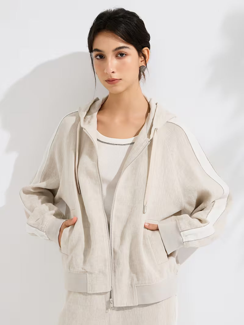 Effortless Linen Hooded Jacket For Women, 100% Linen Shell With 100% Lining, Full-Zip Relaxed Fit, Breathable Natural Fiber Outerwear For Leisure Days