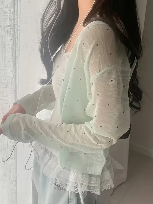 Korean-style Simple and Versatile Polka Dot Cardigan for Women, V-Neck, Ice Fiber Fabric, Sun-Protective Lightweight Shawl, Summer Outerwear Cover-Up to Wear Over Camisole Dresses