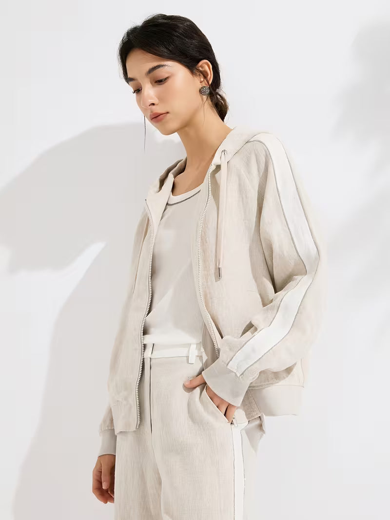 Effortless Linen Hooded Jacket For Women, 100% Linen Shell With 100% Lining, Full-Zip Relaxed Fit, Breathable Natural Fiber Outerwear For Leisure Days