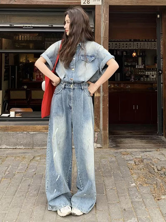 Vintage Style Women'S Denim Jumpsuit Set Loose Casual Wide Leg Long Pants