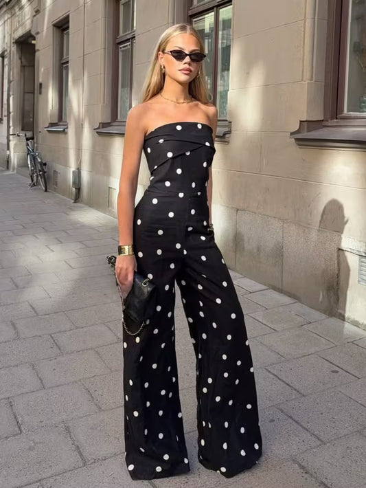 High Sense Minimalist Polka Dot Tube Jumpsuit, Summer Slim Fit Sexy Wide Leg 1pc Outfit