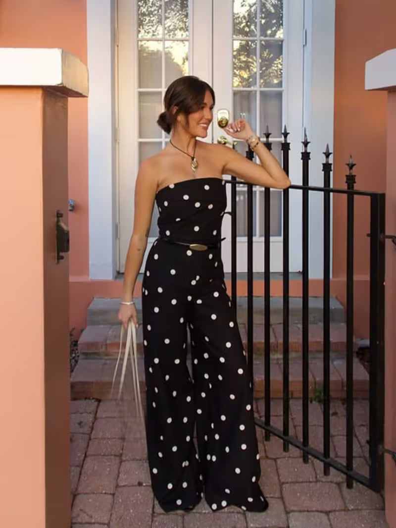 High Sense Minimalist Polka Dot Tube Jumpsuit, Summer Slim Fit Sexy Wide Leg 1pc Outfit