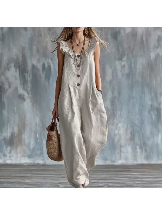 2026 Summer New Arrival Women Ruffled Trim Spaghetti Strap Jumpsuit, Front Half Button Loose Ankle Cuffed Wide Leg Romper with Side Pockets for Beach Vacation Daily Casual Street Outfits