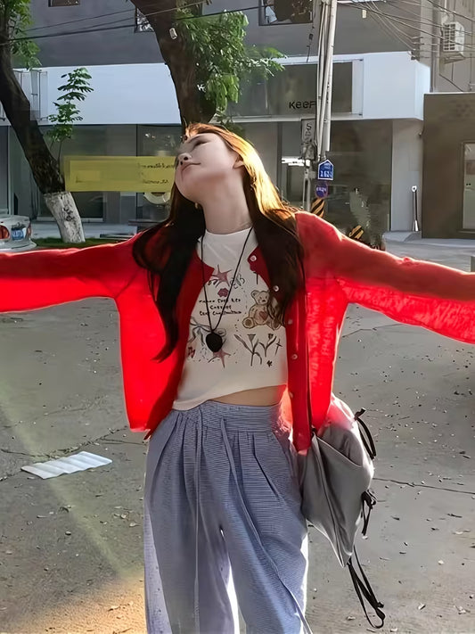Red Ice Fiber Fabric Thin Cardigan Women'S Summer Thin Outerwear Jacket Back Bow Embroidery Air Conditioner Shirt Top Vacation Outerwear Sunscreen Shirt
