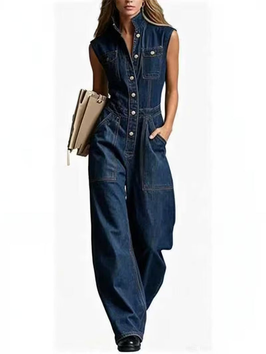 Women's Sleeveless Denim Jumpsuit Button Front Wide Leg Loose Fit Waist Tie Washed Jean One Piece Outfit
