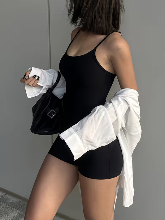 Ladies' Solid Color Sexy Backless Jumpsuit, Summer Style, Black Sleeveless Fitted Y2K Outfit, Tight Stretchy Short Bodysuit