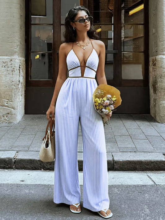 Women's New Striped Print Jumpsuit with Color-block Trim, Backless Halter Neck Tie-up Long Jumpsuit. Perfect for Stylish and Elegant Vacations, Streetwear, Dates, Parties, and Daily Wear. Suitable for Spring and Summer Seasons