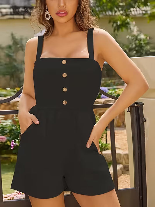 Women's Jumpsuit, Spring/summer, Solid Color, Sleeveless, Strap Design, Square Neckline, Decorative Buttons, Comfortable, Casual, And Versatile A Perfect Jumpsuit for Your Vacation.