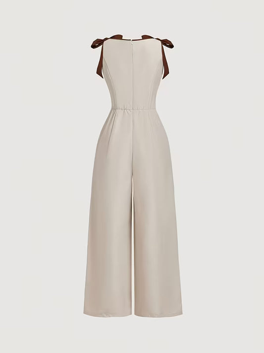 Women's Apricot Sleeveless Color-Block Bow-Decorated Round Neck Jumpsuit