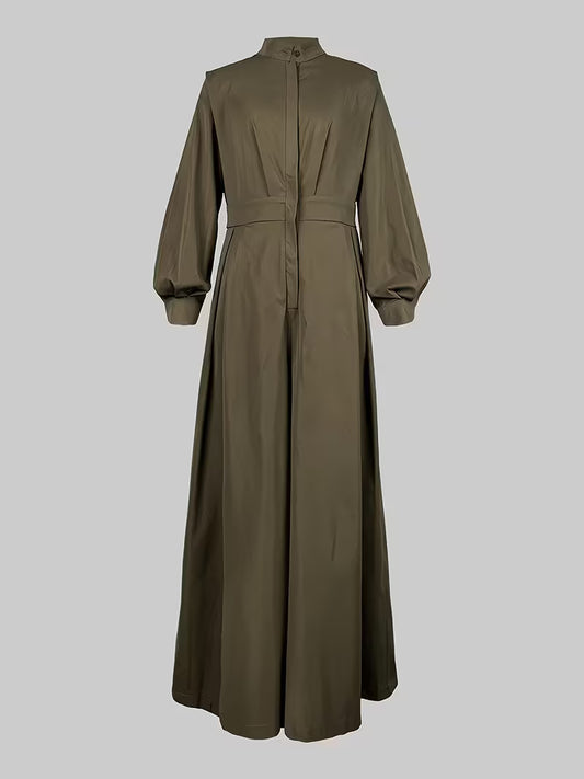 New Fashionable Women's High Waist Wide Leg Jumpsuit Spring Long Sleeved Loose Button V-neck Office Jumpsuit