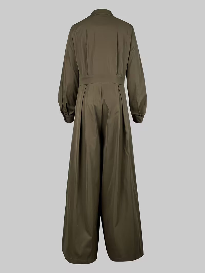 New Fashionable Women's High Waist Wide Leg Jumpsuit Spring Long Sleeved Loose Button V-neck Office Jumpsuit