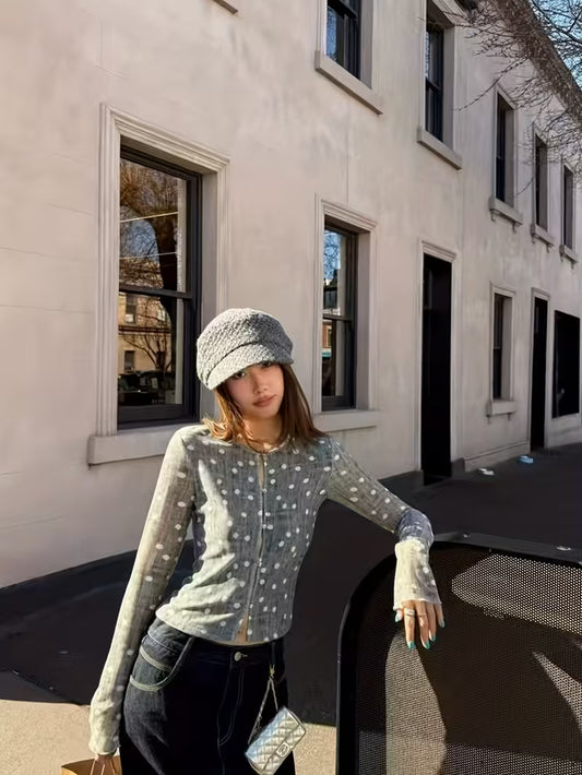 Niche Fashion Designer High-End Gray Polka Dot Round Neck Long Sleeve Cardigan for Women, Autumn New Vintage Style, Spicy Personality, Unique and Exquisite Versatile Short Cardigan Top
