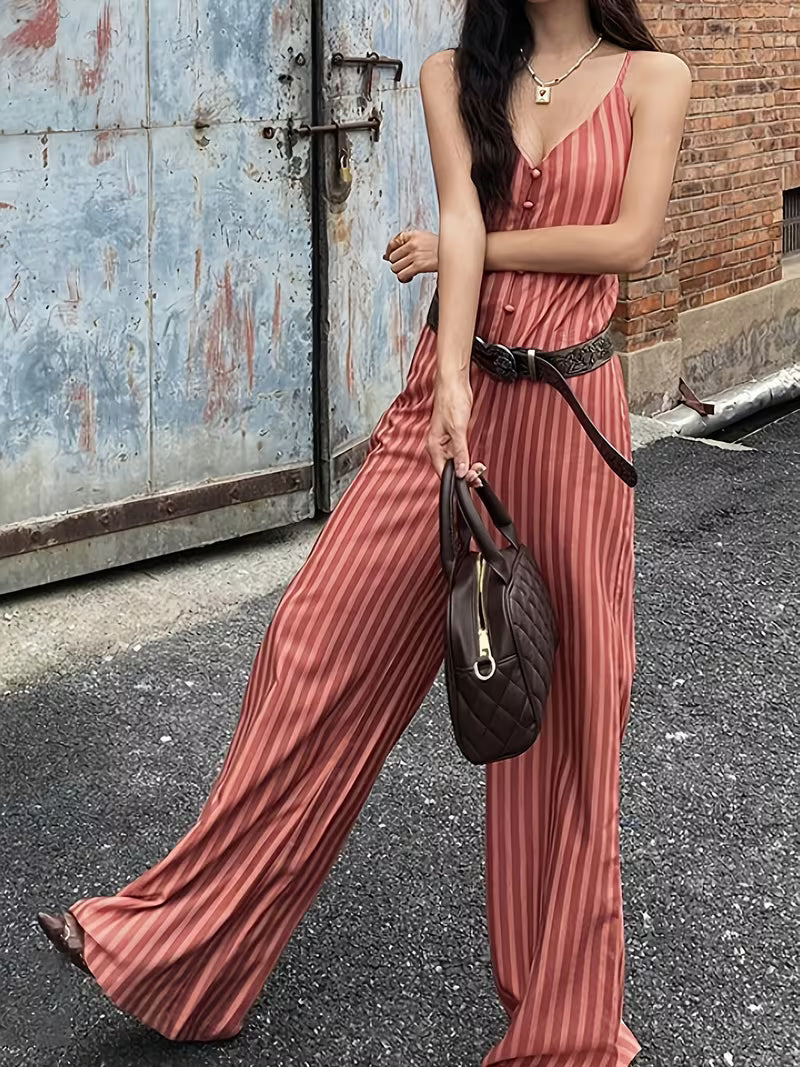 Vintage Tropical Style Striped Drapey Vacation Outing Women'S Jumpsuit [Belt for Matching Display Solely]