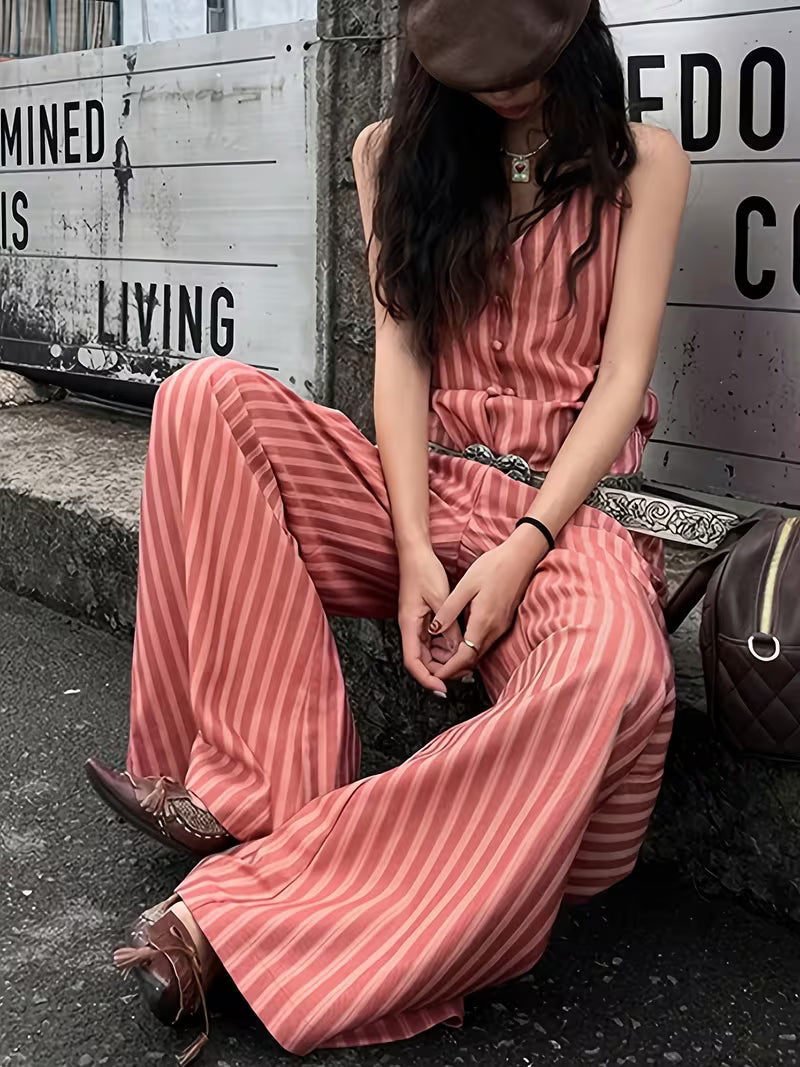 Vintage Tropical Style Striped Drapey Vacation Outing Women'S Jumpsuit [Belt for Matching Display Solely]