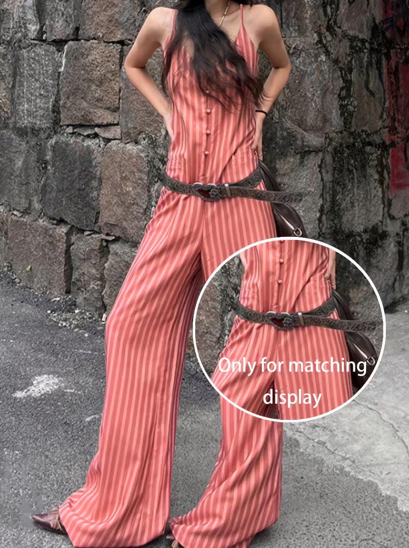 Vintage Tropical Style Striped Drapey Vacation Outing Women'S Jumpsuit [Belt for Matching Display Solely]