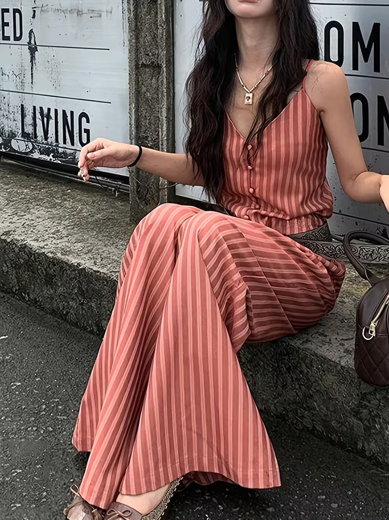 Vintage Tropical Style Striped Drapey Vacation Outing Women'S Jumpsuit [Belt for Matching Display Solely]