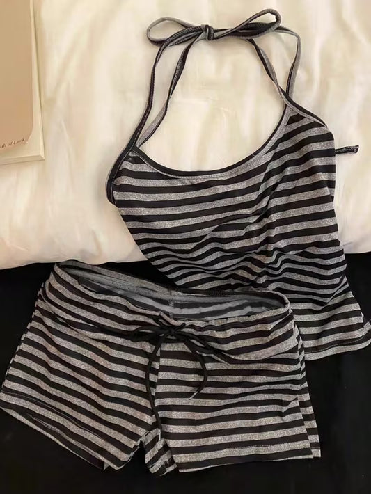 Women's Fashion New Striped Lace-Up Crop Top and Shorts 2pcs Set, Casual Slim Fit