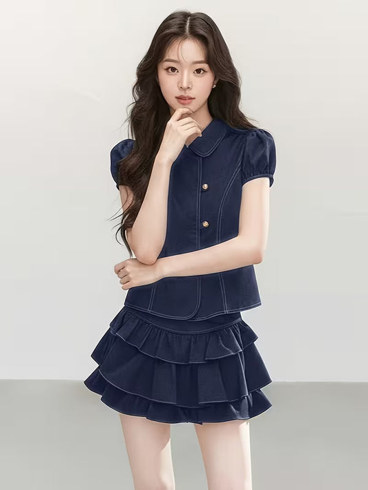 Summer New Doll Collar Puff Sleeve Waist-Cinching Short Top And High-Waist Cake Short Skirt Two-Piece Set