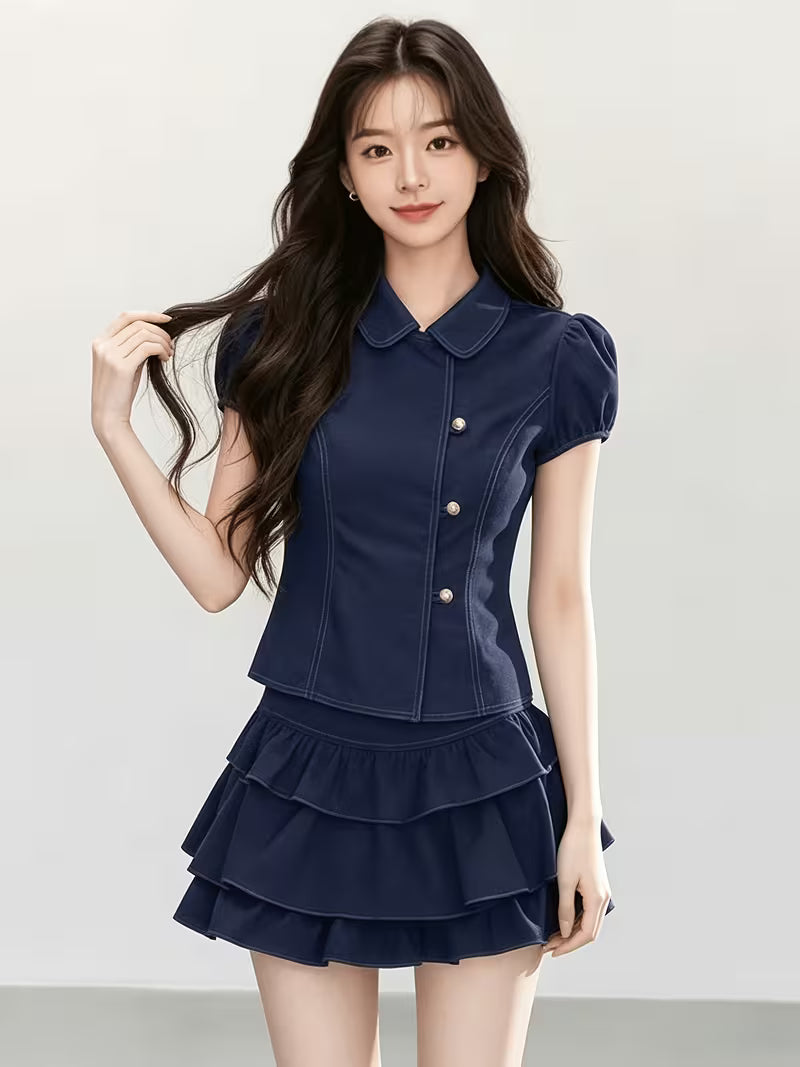 Summer New Doll Collar Puff Sleeve Waist-Cinching Short Top And High-Waist Cake Short Skirt Two-Piece Set