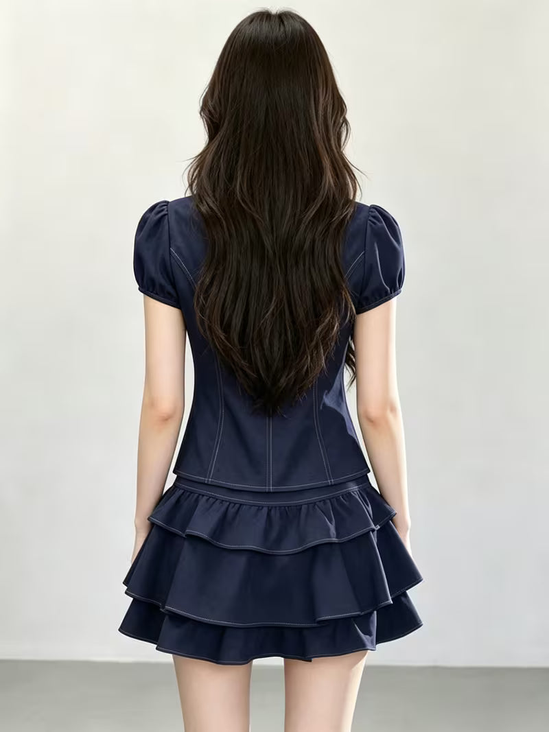 Summer New Doll Collar Puff Sleeve Waist-Cinching Short Top And High-Waist Cake Short Skirt Two-Piece Set