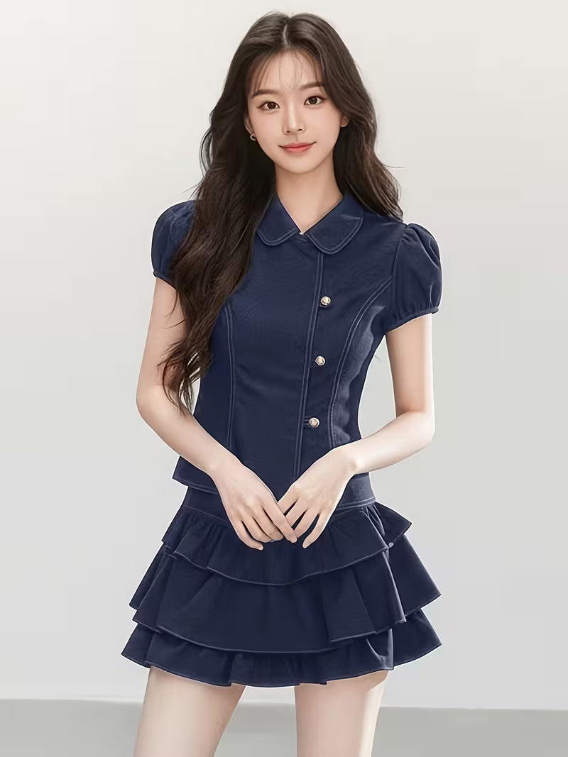 Summer New Doll Collar Puff Sleeve Waist-Cinching Short Top And High-Waist Cake Short Skirt Two-Piece Set