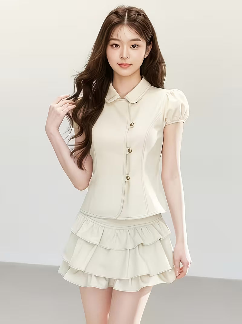 Summer New Doll Collar Puff Sleeve Waist-Cinching Short Top And High-Waist Cake Short Skirt Two-Piece Set
